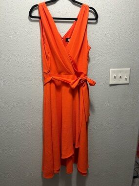 DKNY V-Neck Wrap High-Low Dress in Vibrant Orange